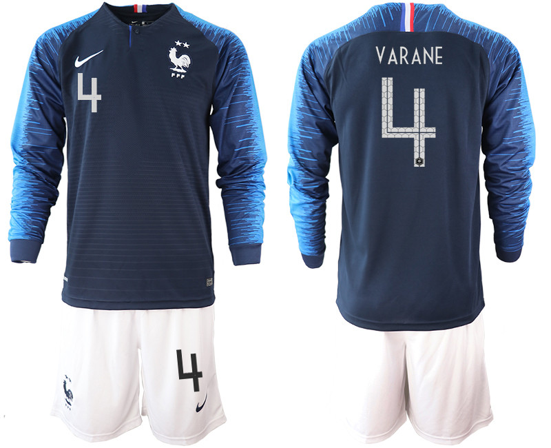 France 4 VARANE 2 Star Home Long Sleeve 2018 FIFA World Cup Soccer Jersey