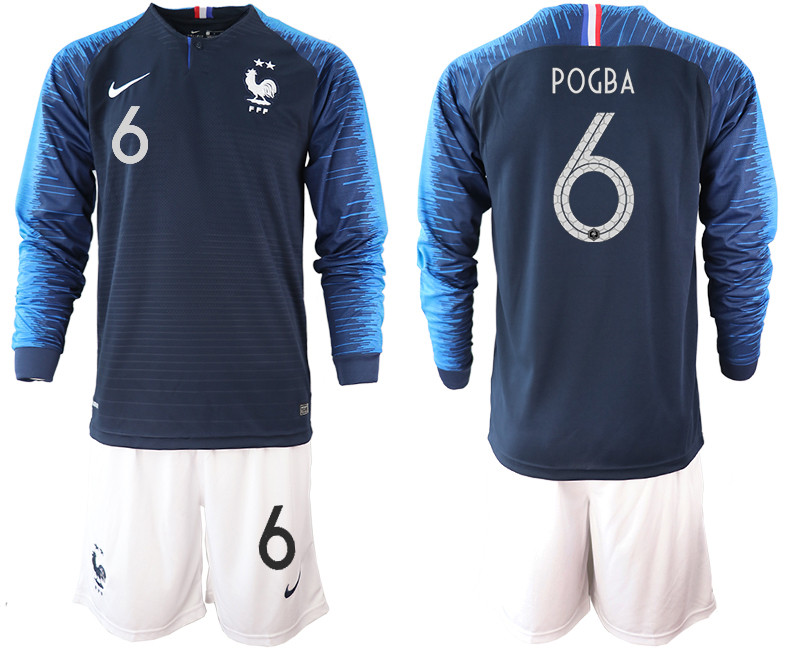 France 6 POGBA 2 Star Home Long Sleeve 2018 FIFA World Cup Soccer Jersey