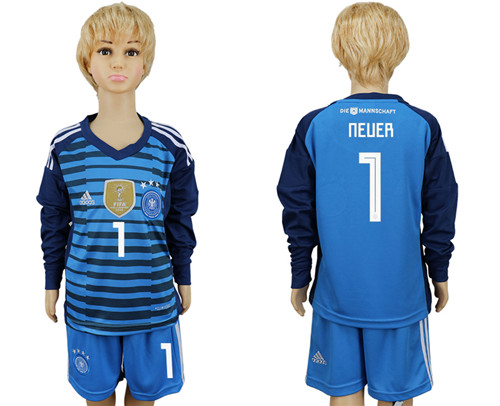 Germany 1 NEUER Goalkeeper 2018 FIFA World Cup Youth Long Sleeve Soccer Jersey