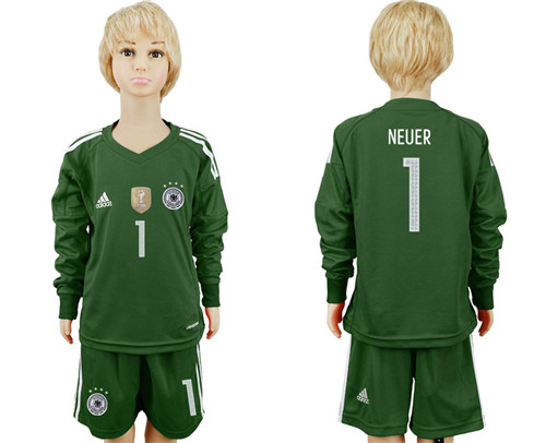 Germany 1 NEUER Green Goalkeepe 2018 World Cup Youth Long Sleeve Soccer Jersey