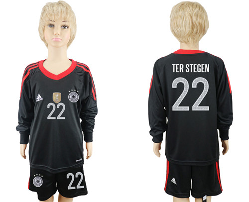 Germany 22 TER STEGEN Black Goalkeeper 2018 World Cup Youth Long Sleeve Soccer Jersey