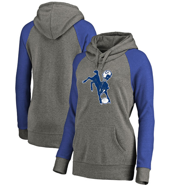 Indianapolis Colts NFL Pro Line by Fanatics Branded Women's Throwback Logo Tri Blend Raglan Plus Size Pullover Hoodie Gray Royal