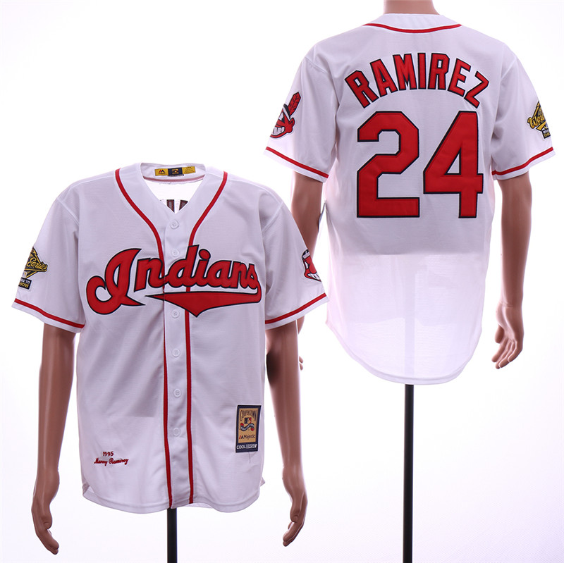Indians 24 Manny Ramirez White 1995 Cooperstown Collection Cool Base Jersey