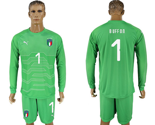 Italy 1 BUFFON Green Goalkeeper 2018 FIFA World Cup Long Sleeve Soccer Jersey