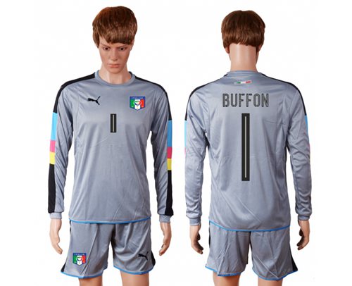 Italy 1 Buffon Grey Goalkeeper Long Sleeves Soccer Country Jersey