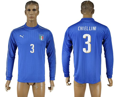 Italy 3 Chiellini Blue Home Long Sleeves Soccer Country Jersey