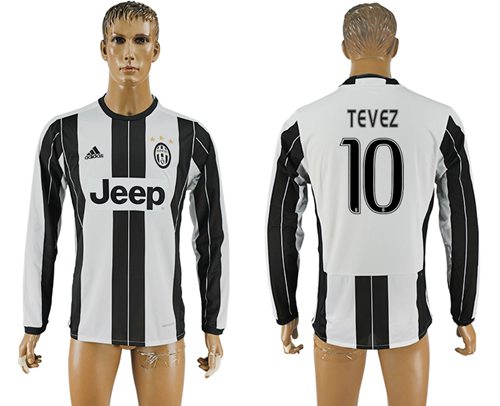 Juventus 10 Tevez Home Long Sleeves Soccer Club Jersey