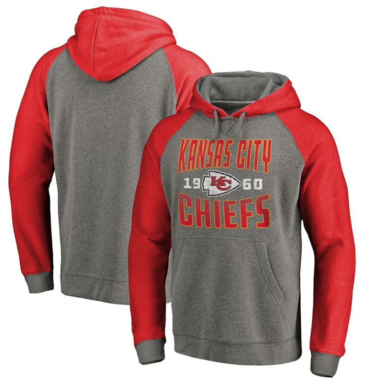 Kansas City Chiefs NFL Pro Line by Fanatics Branded Timeless Collection Antique Stack Tri Blend Raglan Pullover Hoodie Ash