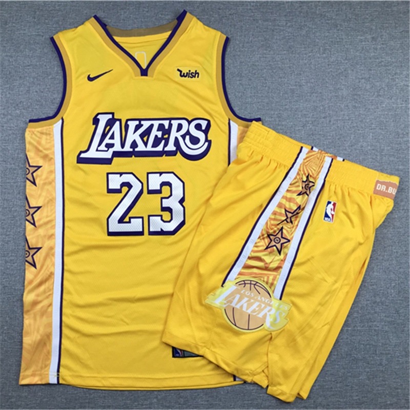 Lakers 23 Lebron James Yellow Nike Authentic Jersey With Shorts