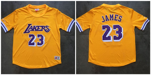 Lakers 23 Lebron James Yellow Short Sleeve Mitchell & Ness Jersey