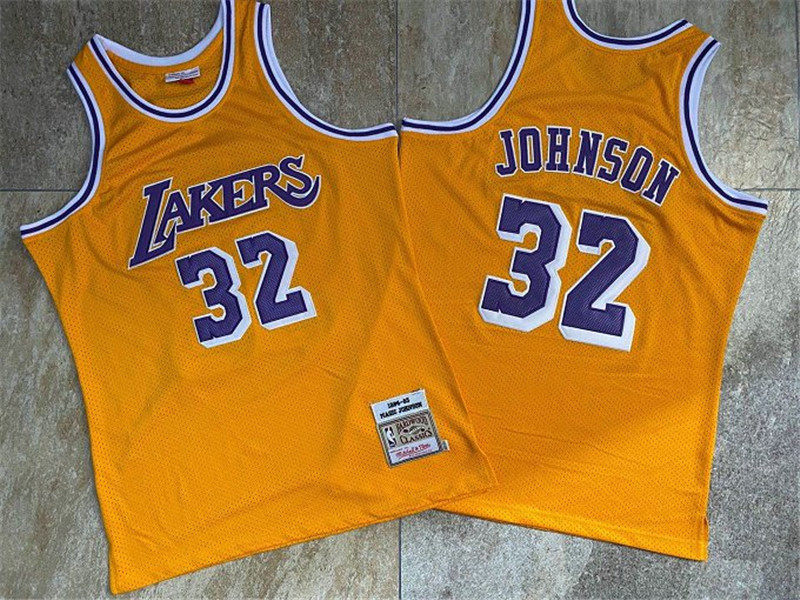 Lakers 32 Magic Johnson Yellow 1984 85 Hardwood Classics Jersey
