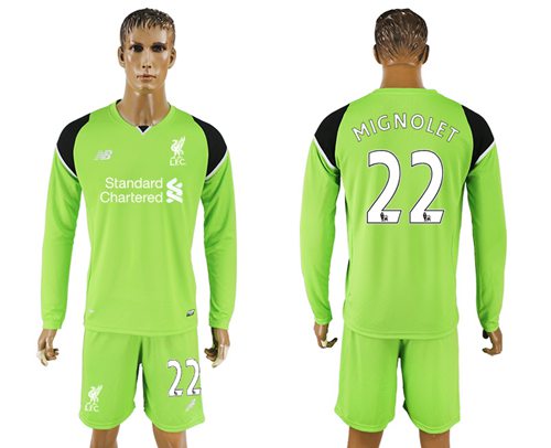 Liverpool 22 Mignolet Green Goalkeeper Long Sleeves Soccer Club Jersey