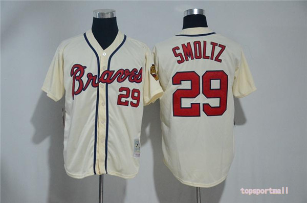 MLB Atlanta Braves 29 John Smoltz Beige Cool Base Baseball Jersey