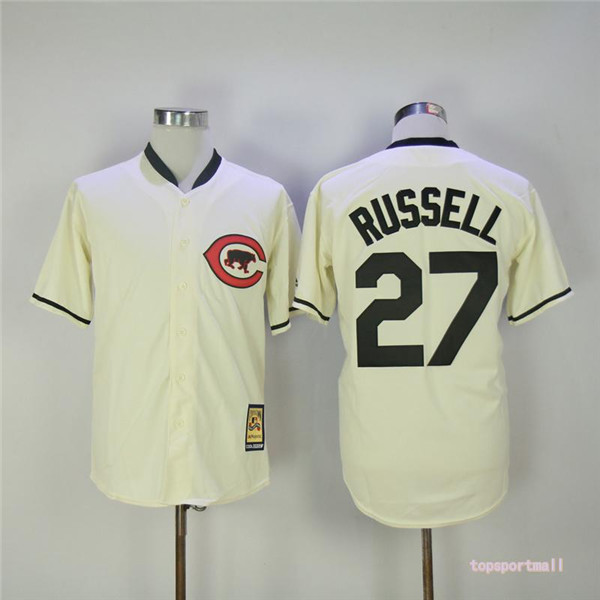 MLB Chicago Cubs 27 Addison Russell Beige Throwback Baseball Jersey