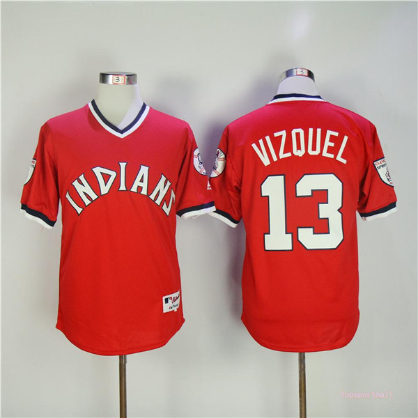 MLB Cleveland Indians 13 Omar Vizquel Red Pullover Cool Base Baseball Jerseys