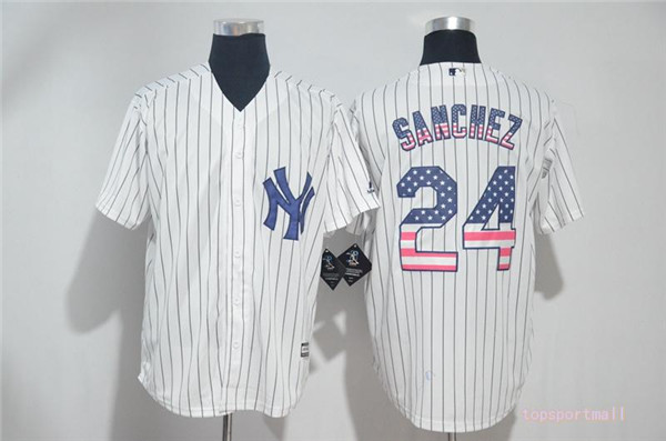 MLB New York Yankees 24 Gary Sanchez White USA Flag Pinstripe Cool Base Baseball Jersey