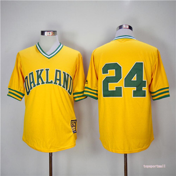 MLB Oakland Athletics 24 Rickey Henderson Yellow Pullover 1981 Throwback Baseball Jersey