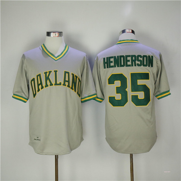 MLB Oakland Athletics 35 Rickey Henderson Gray Pullover Throwback Baseball Jerseys