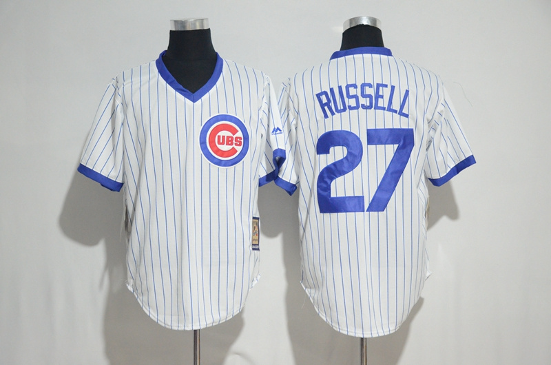 Majestic Chicago Cubs 27 Addison Russell Replica Royal White Cooperstown Cool Base MLB Jersey