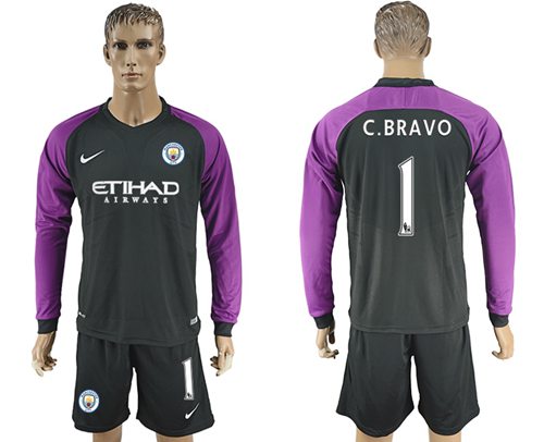 Manchester City 1 C Bravo Black Goalkeeper Long Sleeves Soccer Club Jersey
