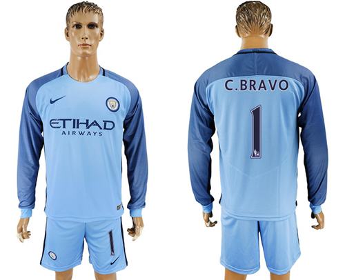 Manchester City 1 C Bravo Home Long Sleeves Soccer Club Jersey