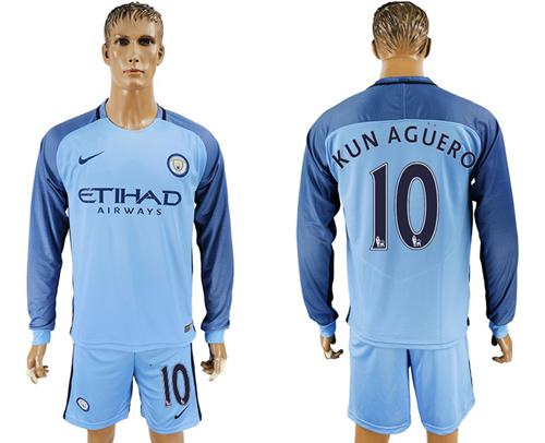 Manchester City 10 Kun Aguero Home Long Sleeves Soccer Club Jersey