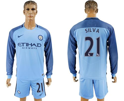 Manchester City 21 Silva Home Long Sleeves Soccer Club Jersey