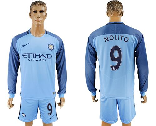 Manchester City 9 Nolito Home Long Sleeves Soccer Club Jersey
