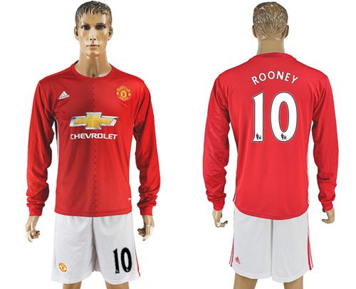 Manchester United 10 Rooney Red Home Long Sleeves Soccer Club Jersey