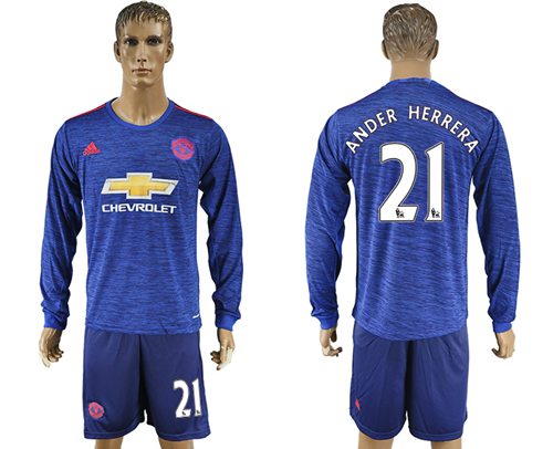 Manchester United 21 Ander Herrera Away Long Sleeves Soccer Club Jersey