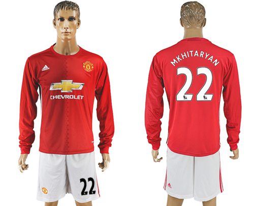 Manchester United 22 Mkhitaryan Red Home Long Sleeves Soccer Club Jersey