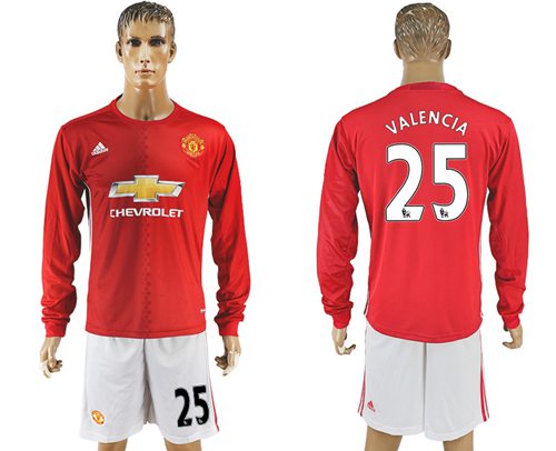 Manchester United 25 Valencia Red Home Long Sleeves Soccer Club Jersey