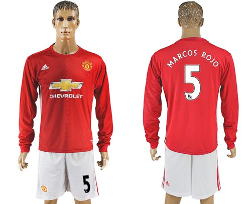 Manchester United 5 Marcos Rojo Red Home Long Sleeves Soccer Club Jersey