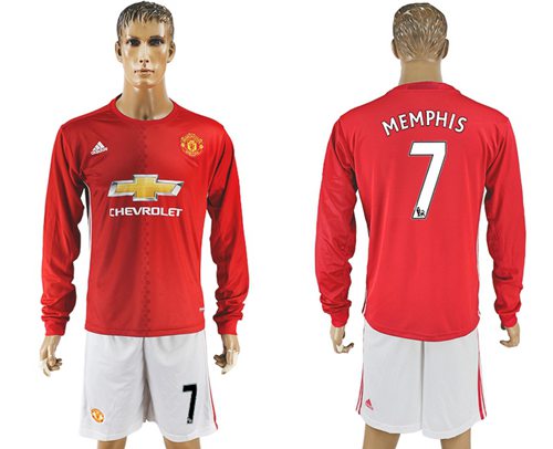 Manchester United 7 Memphis Red Home Long Sleeves Soccer Club Jersey