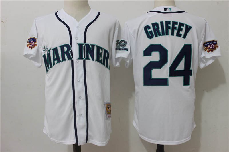 Mariners 24 Ken Griffey Jr. White With 50th Anniversary Patch Cool Base Jersey