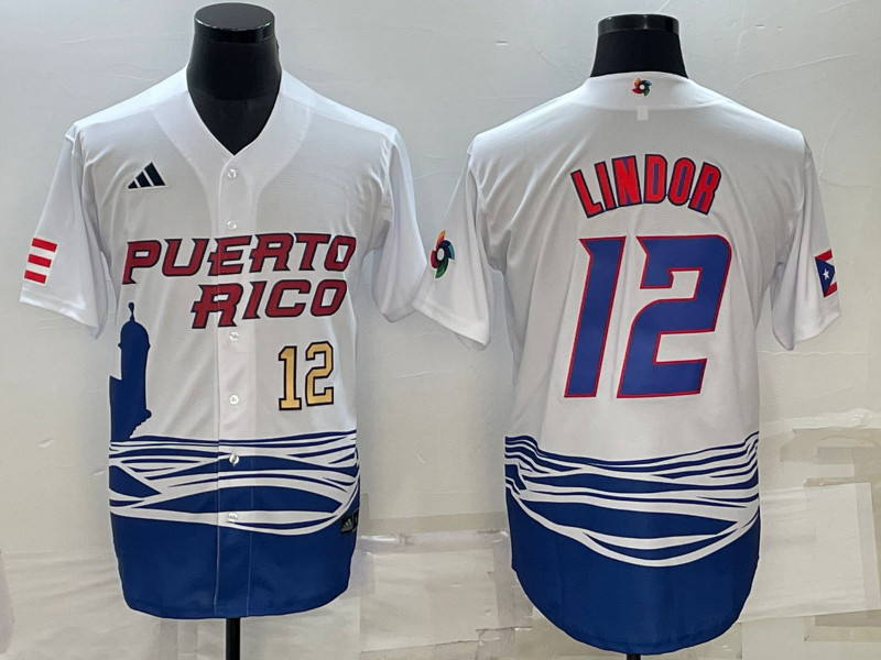 Men's Puerto Rico 12 Francisco Lindor White 2023 World Baseball Series Jersey