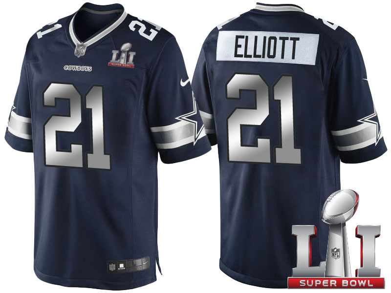 Men Dallas Cowboys 21 Ezekiel Elliott Navy Blue 2017 Super Bowl LI Patch Steel Silver Limited Jersey