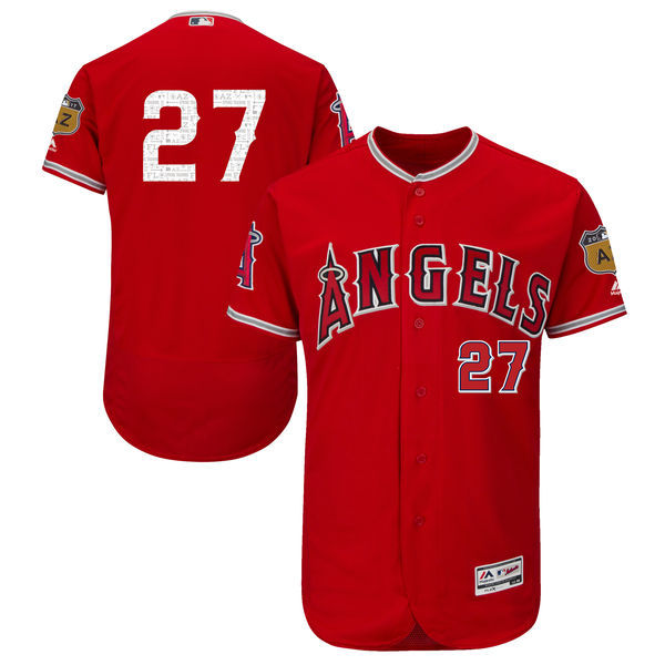Men Los Angeles Angels of Anaheim Mike Trout Majestic Scarlet 2017 Flex Base Collection On-Field Spring Training Player Jersey
