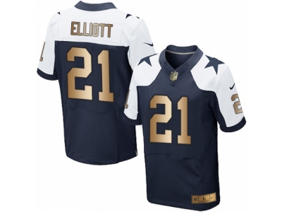 Men  Dallas Cowboys 21 Ezekiel Elliott Elite Navy Gold Throwback Alternate NFL Jersey