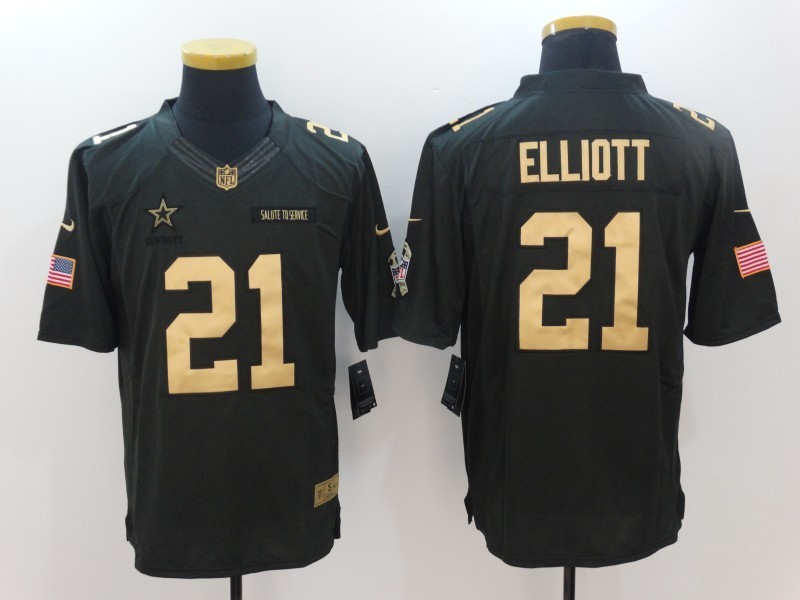 Men  Dallas Cowboys 21 Ezekiel Elliott Limited Black Gold Salute to Service NFL Jersey