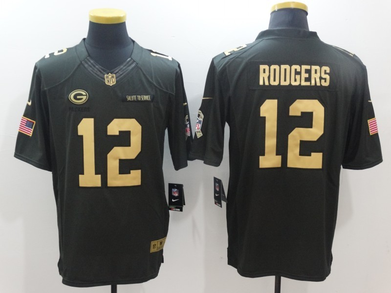 Men  Green Bay Packers 12 Aaron Rodgers Limited Black Gold Salute to Service NFL Jersey