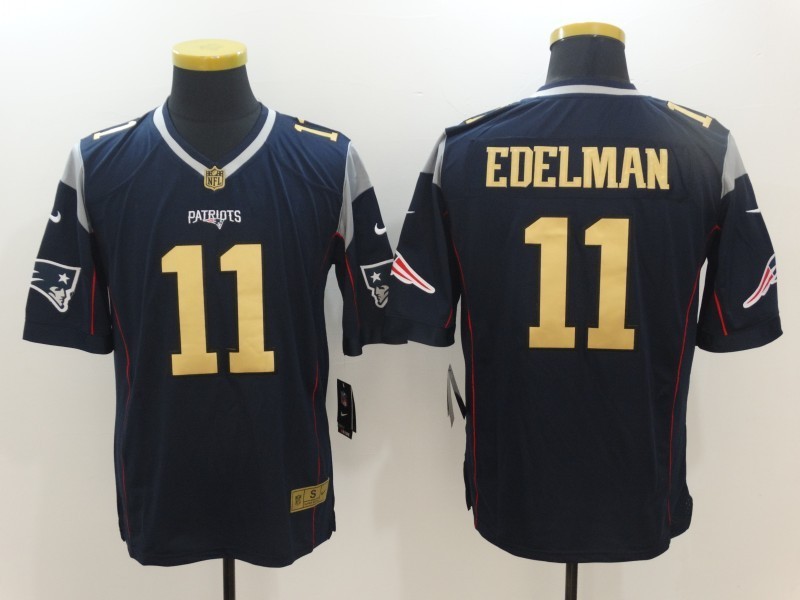 Men  New England Patriots 11 Julian Edelman Navy Blue Team Color Men Stitched NFL New Elite Gold Jersey