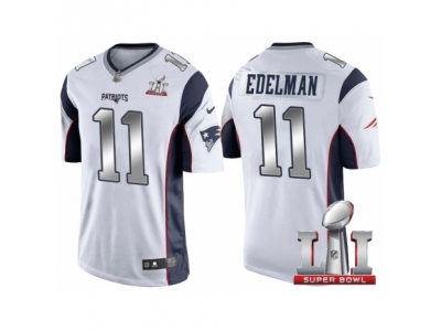 Men  New England Patriots 11 Julian Edelman White 2017 Super Bowl 51 Patch Steel Silver Limited Jersey