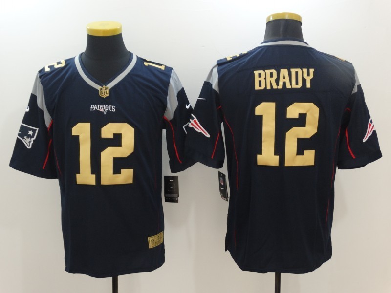Men  New England Patriots 12 Tom Brady Navy Blue Team Color Men Stitched NFL New Elite Gold Jersey