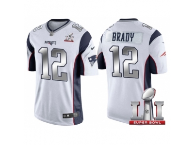 Men  New England Patriots 12 Tom Brady White 2017 Super Bowl 51 Patch Steel Silver Limited Jersey