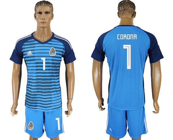 Mexico 1 CORONA Lake Blue Goalkeeper 2018 FIFA World Cup Soccer Jersey