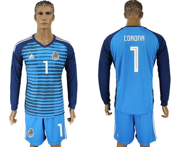 Mexico 1 CORONA Lake Blue Long Sleeve Goalkeeper 2018 FIFA World Cup Soccer Jersey