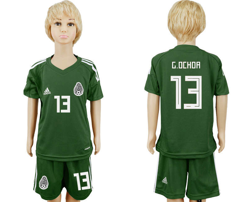 Mexico 13 G.OCHOA Army Green Goalkeeper Youth 2018 FIFA World Cup Soccer Jersey