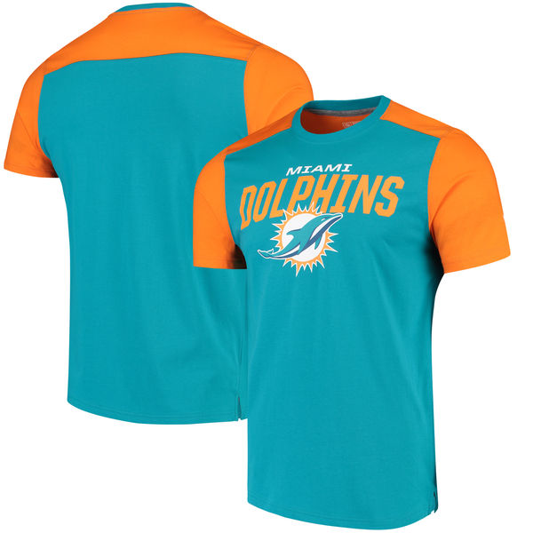 Miami Dolphins NFL Pro Line by Fanatics Branded Iconic Color Blocked T Shirt Aqua Orange