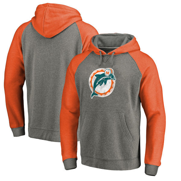 Miami Dolphins NFL Pro Line by Fanatics Branded Throwback Logo Tri Blend Raglan Pullover Hoodie Gray Orange
